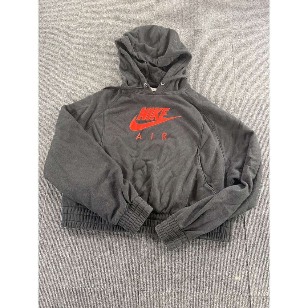 Nike Air Womens Cropped Hoodie Black Red Graphic Logo Pullover Sweatshirt Medium